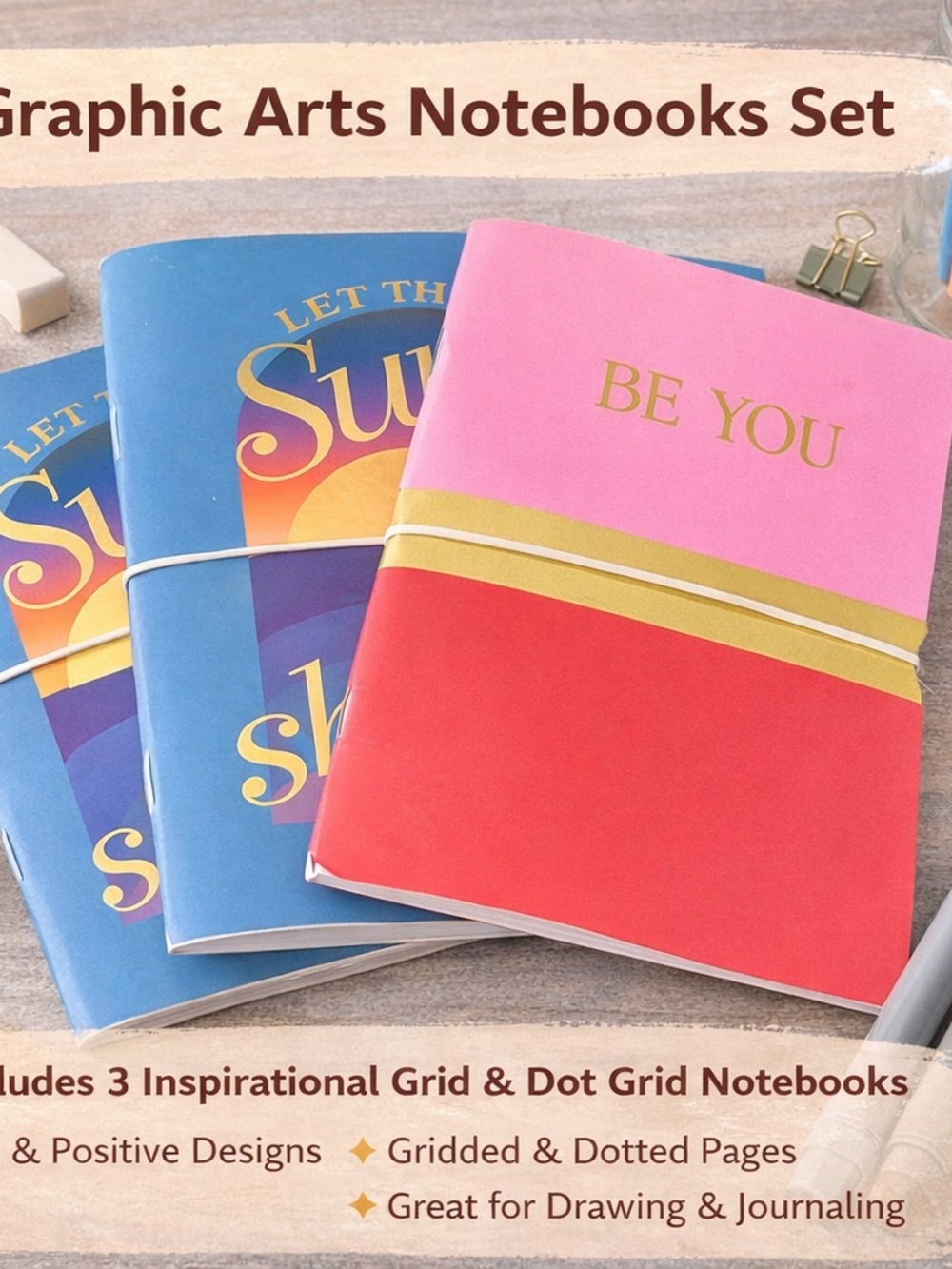 Set of 3 Inspirational Graphic Arts Notebooks Grid Dot Pages